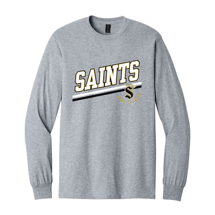Berks Catholic Saints Slanted Stripe long sleeve t-shirt in Sport Grey: bold SAINTS lettering over a slanted double stripe, with the halo S and Berks Catholic