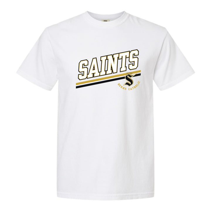 Berks Catholic Saints Slanted Stripe comfort colors t-shirt in White: bold SAINTS lettering over a slanted double stripe, with the halo S and Berks Catholic