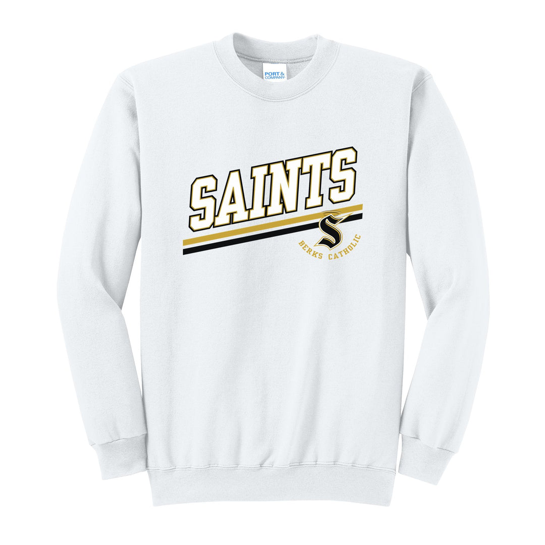 Berks Catholic Saints Slanted Stripe crewneck sweatshirt in White: bold SAINTS lettering over a slanted double stripe, with the halo S and Berks Catholic