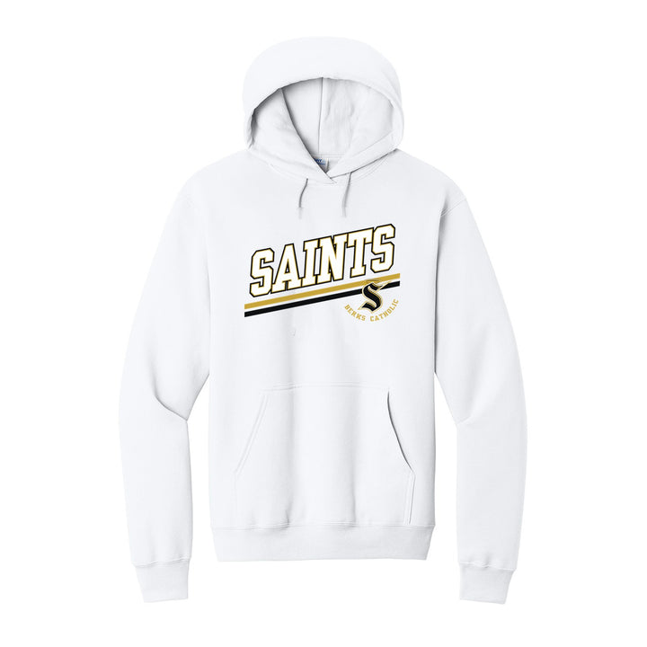 Berks Catholic Saints Slanted Stripe hoodie in White: bold SAINTS lettering over a slanted double stripe, with the halo S and Berks Catholic