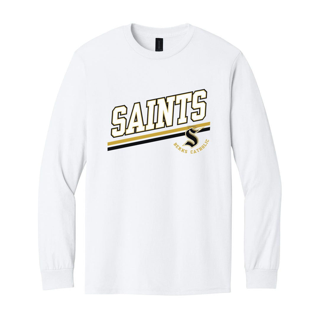 Berks Catholic Saints Slanted Stripe long sleeve t-shirt in White: bold SAINTS lettering over a slanted double stripe, with the halo S and Berks Catholic