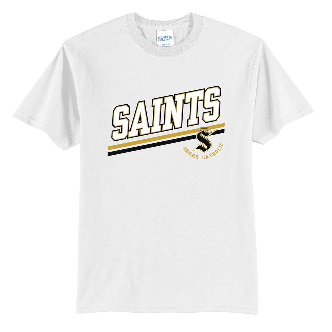 Berks Catholic Saints Slanted Stripe t-shirt in White: bold SAINTS lettering over a slanted double stripe, with the halo S and Berks Catholic