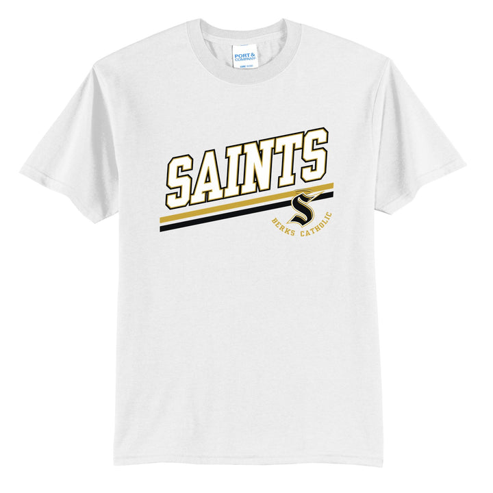 Berks Catholic Saints Slanted Stripe t-shirt in White: bold SAINTS lettering over a slanted double stripe, with the halo S and Berks Catholic