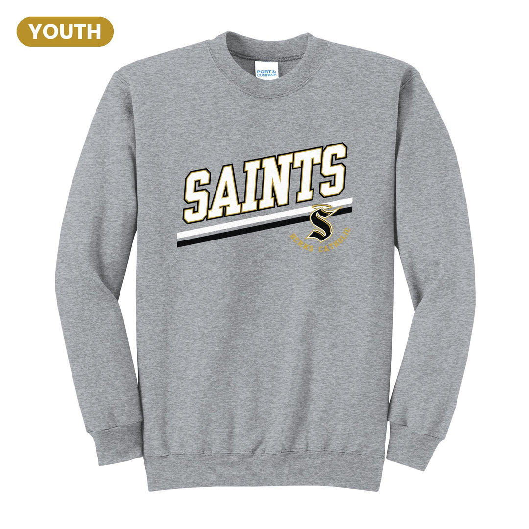 Berks Catholic Saints Slanted Stripe youth crewneck sweatshirt in Athletic Heather: bold SAINTS lettering over a slanted double stripe, with the halo S and Berks Catholic