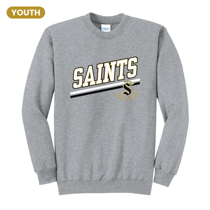 Berks Catholic Saints Slanted Stripe youth crewneck sweatshirt in Athletic Heather: bold SAINTS lettering over a slanted double stripe, with the halo S and Berks Catholic