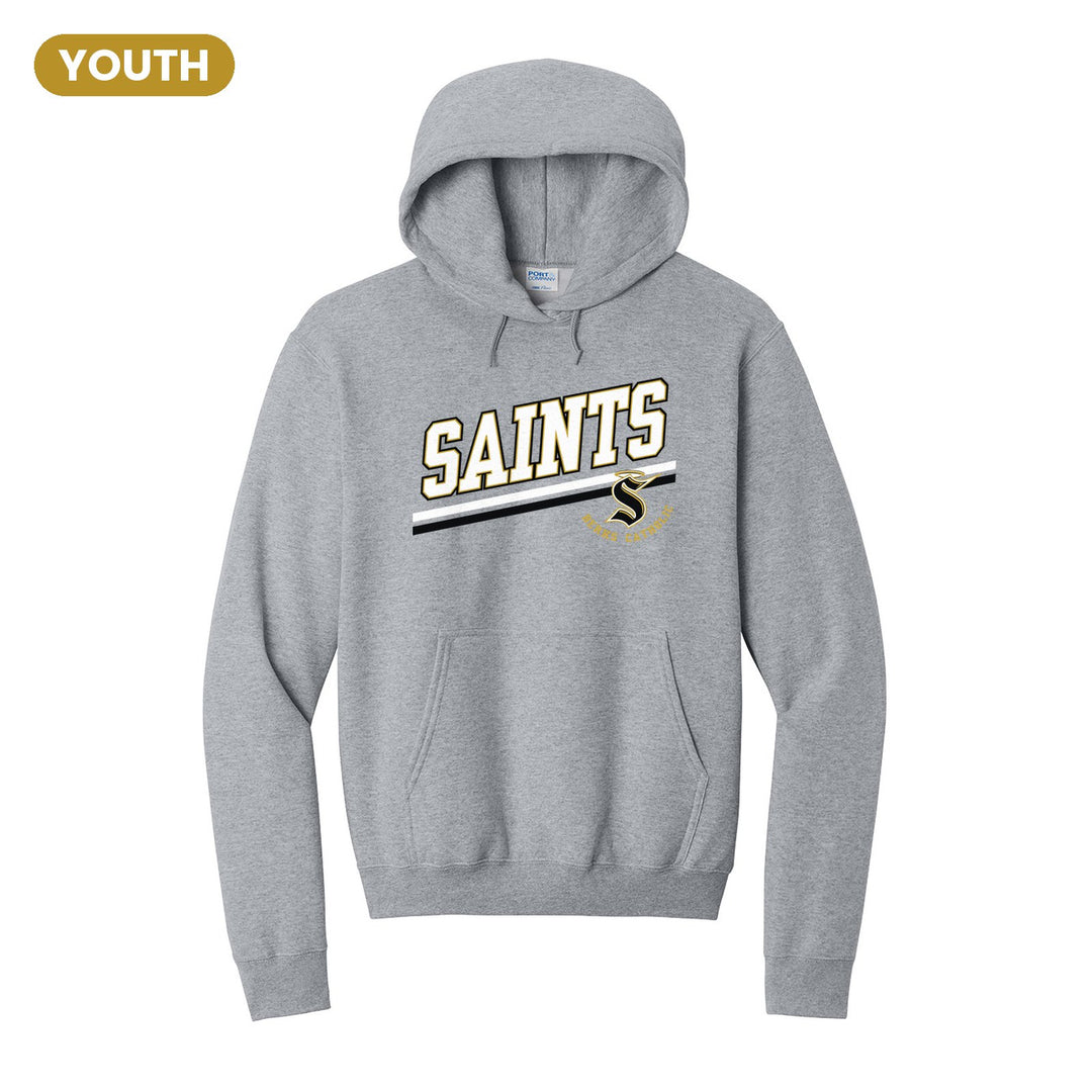 Berks Catholic Saints Slanted Stripe youth hoodie in Athletic Heather: bold SAINTS lettering over a slanted double stripe, with the halo S and Berks Catholic