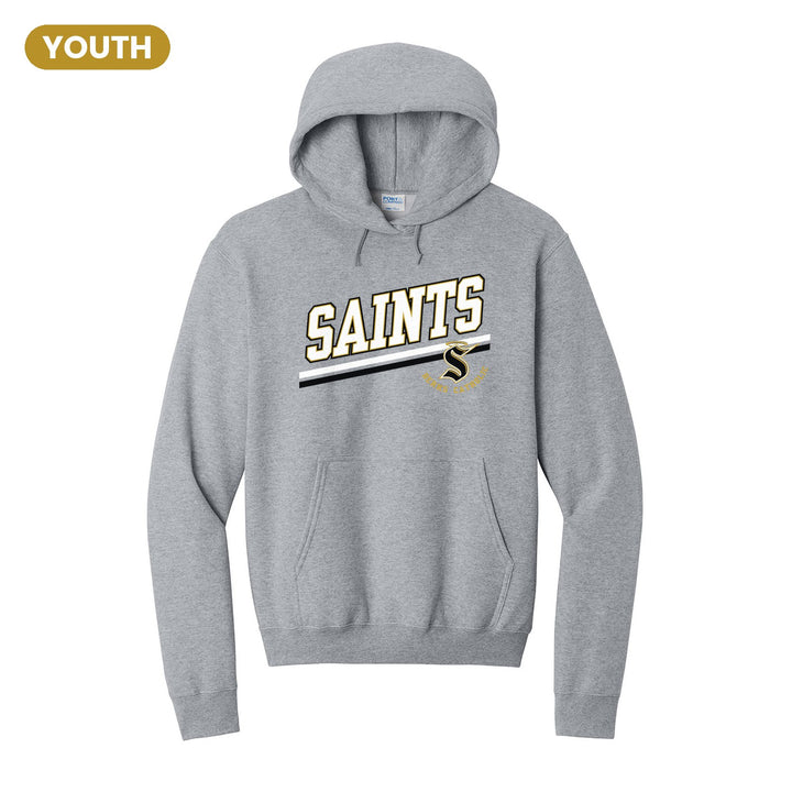 Berks Catholic Saints Slanted Stripe youth hoodie in Athletic Heather: bold SAINTS lettering over a slanted double stripe, with the halo S and Berks Catholic