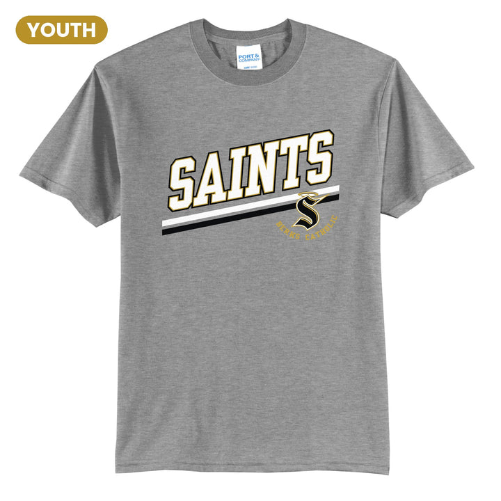 Berks Catholic Saints Slanted Stripe youth t-shirt in Athletic Heather: bold SAINTS lettering over a slanted double stripe, with the halo S and Berks Catholic