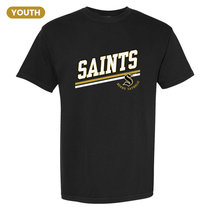 Berks Catholic Saints Slanted Stripe youth comfort colors t-shirt in Black: bold SAINTS lettering over a slanted double stripe, with the halo S and Berks Catholic