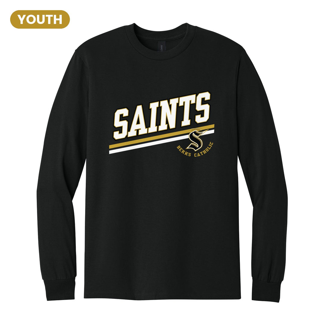 Berks Catholic Saints Slanted Stripe youth long sleeve t-shirt in Black: bold SAINTS lettering over a slanted double stripe, with the halo S and Berks Catholic