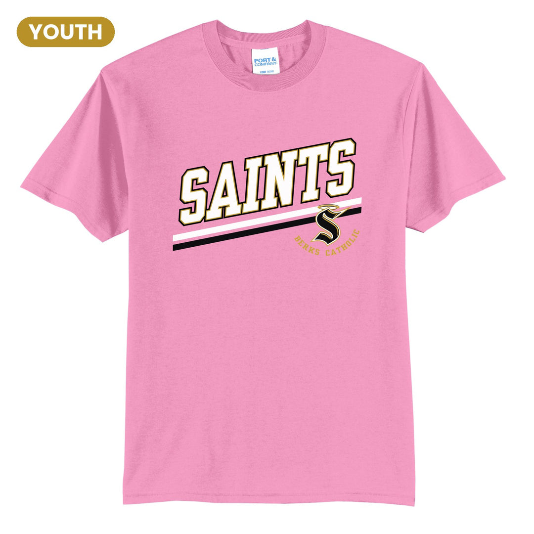 Berks Catholic Saints Slanted Stripe youth t-shirt in Candy Pink: bold SAINTS lettering over a slanted double stripe, with the halo S and Berks Catholic