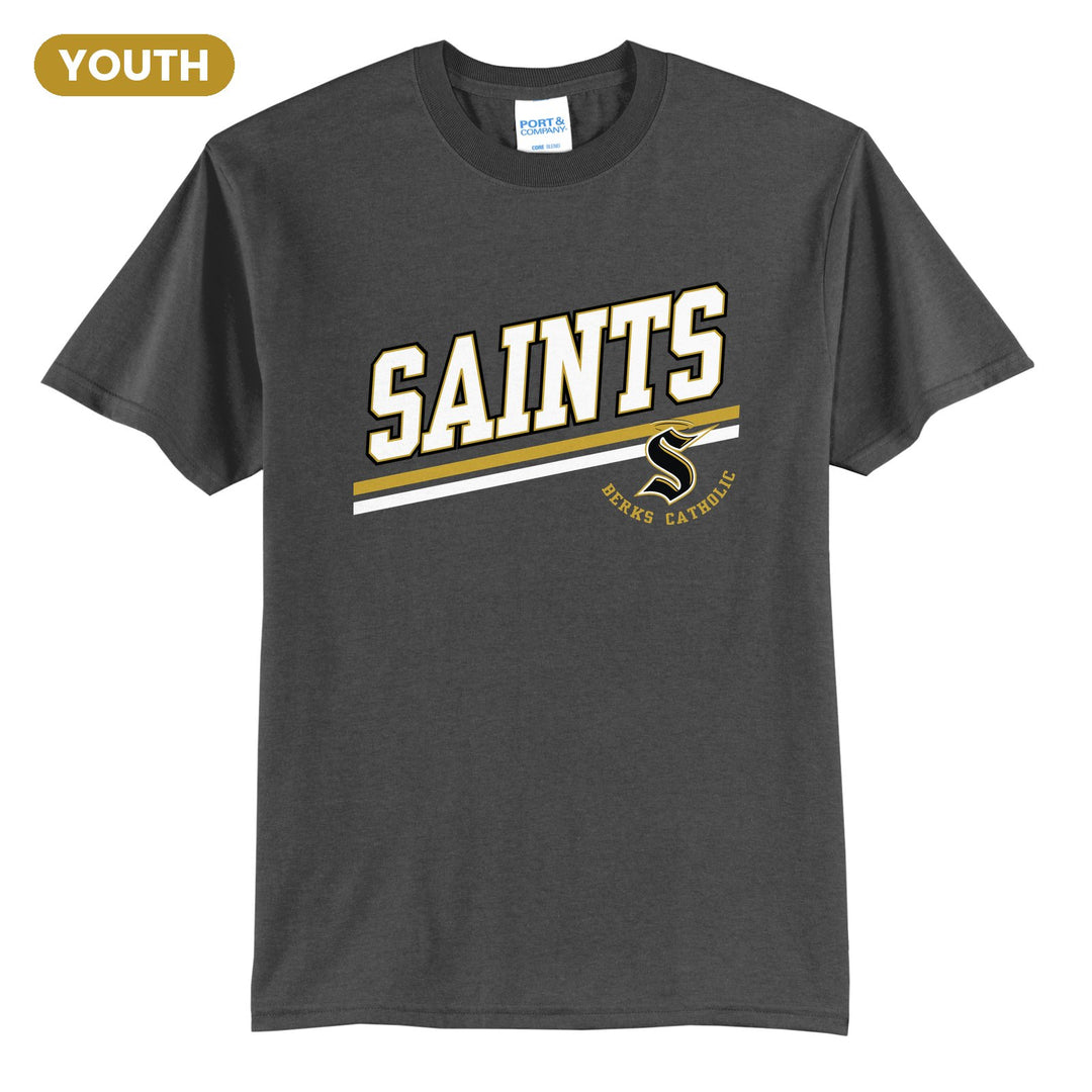 Berks Catholic Saints Slanted Stripe youth t-shirt in Charcoal: bold SAINTS lettering over a slanted double stripe, with the halo S and Berks Catholic
