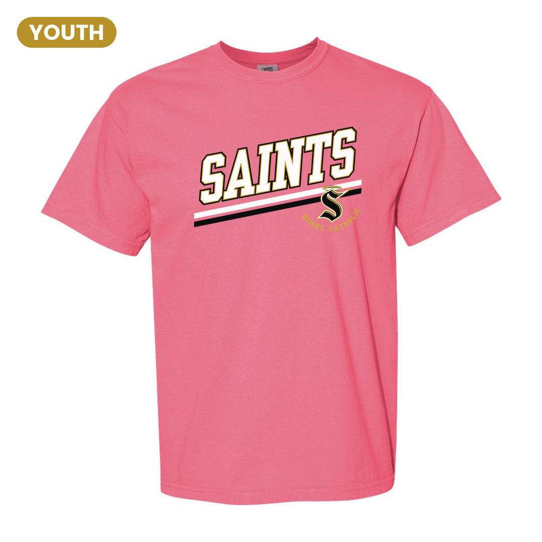 Berks Catholic Saints Slanted Stripe youth comfort colors t-shirt in Crunchberry: bold SAINTS lettering over a slanted double stripe, with the halo S and Berks Catholic