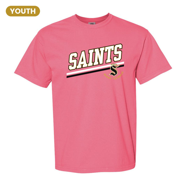 Berks Catholic Saints Slanted Stripe youth comfort colors t-shirt in Crunchberry: bold SAINTS lettering over a slanted double stripe, with the halo S and Berks Catholic