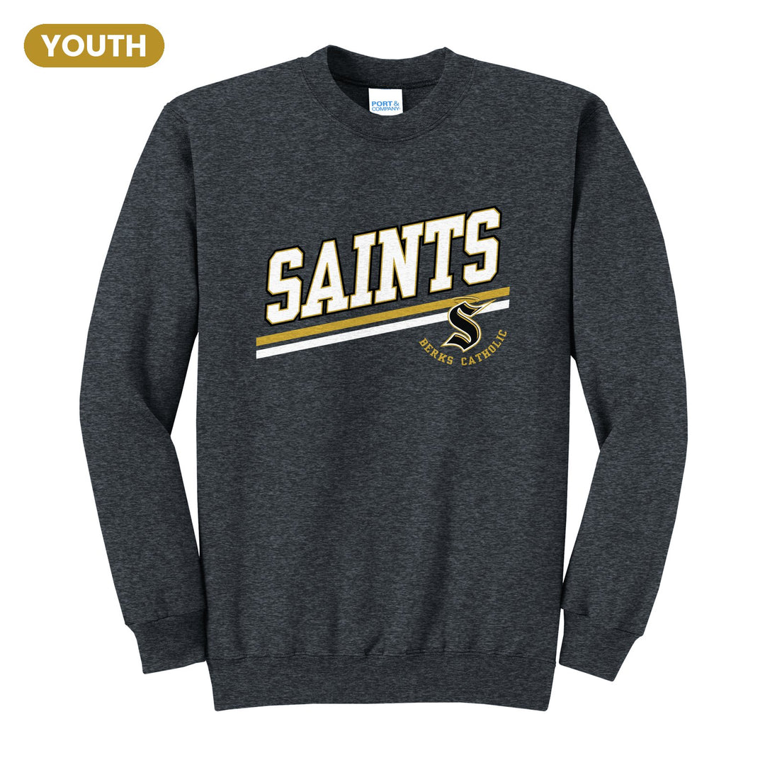 Berks Catholic Saints Slanted Stripe youth crewneck sweatshirt in Dark Heather Grey: bold SAINTS lettering over a slanted double stripe, with the halo S and Berks Catholic