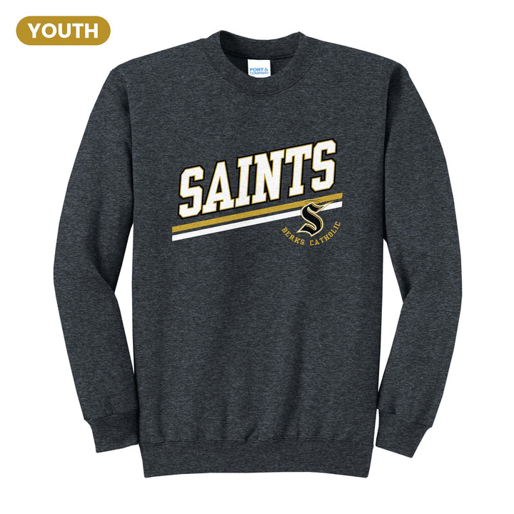 Berks Catholic Saints Slanted Stripe youth crewneck sweatshirt in Dark Heather Grey: bold SAINTS lettering over a slanted double stripe, with the halo S and Berks Catholic