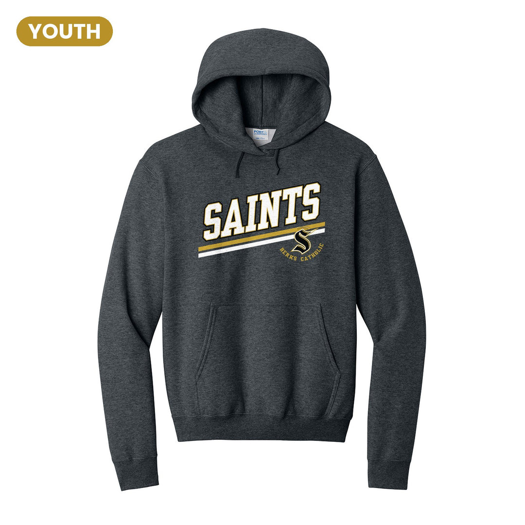 Berks Catholic Saints Slanted Stripe youth hoodie in Dark Heather Grey: bold SAINTS lettering over a slanted double stripe, with the halo S and Berks Catholic