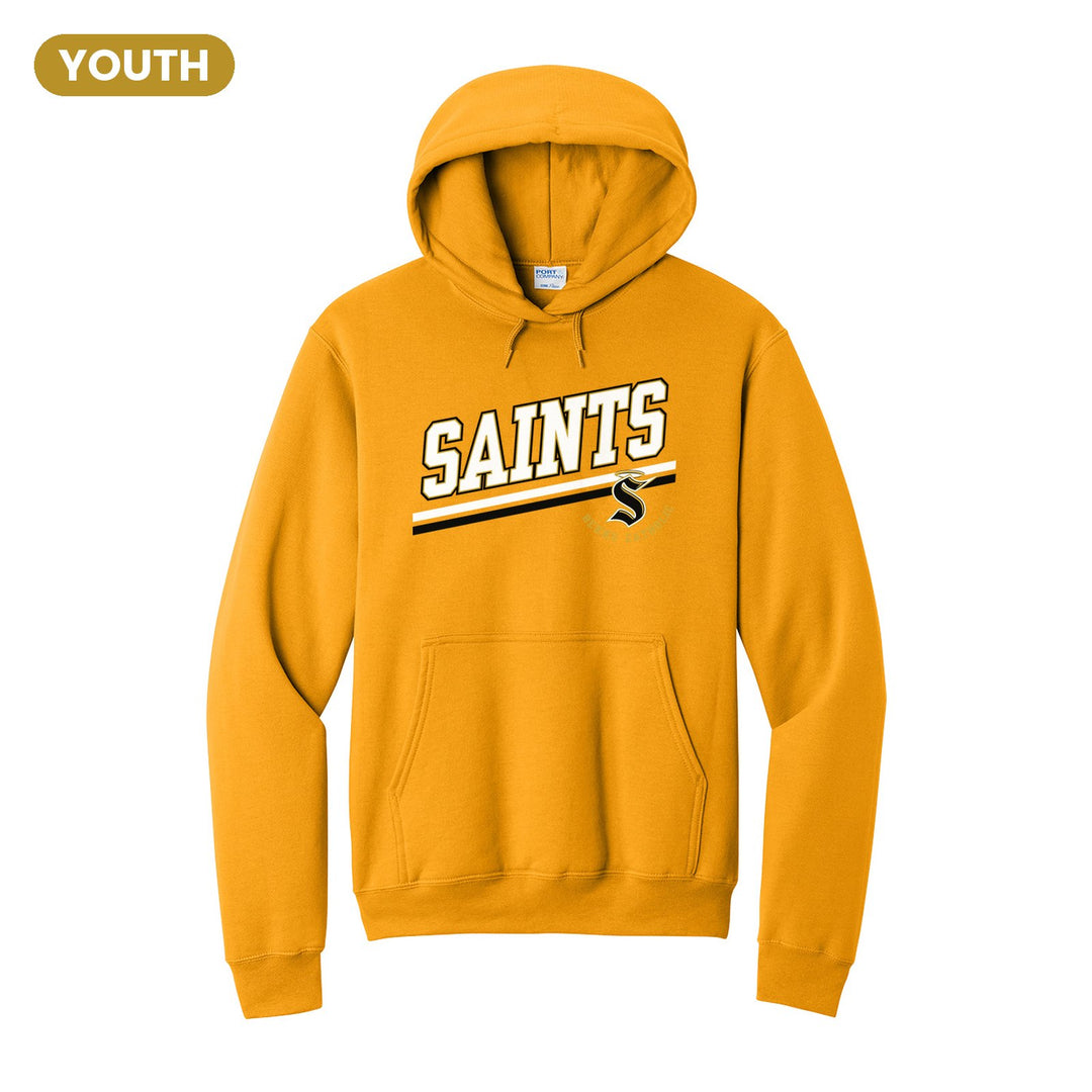 Berks Catholic Saints Slanted Stripe youth hoodie in Gold: bold SAINTS lettering over a slanted double stripe, with the halo S and Berks Catholic