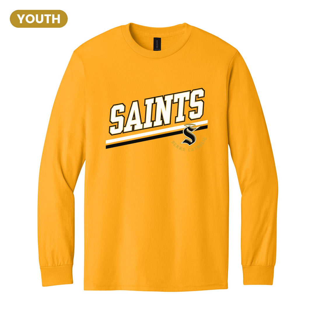 Berks Catholic Saints Slanted Stripe youth long sleeve t-shirt in Gold: bold SAINTS lettering over a slanted double stripe, with the halo S and Berks Catholic