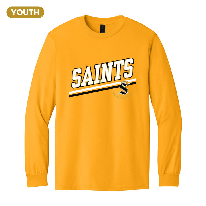Berks Catholic Saints Slanted Stripe youth long sleeve t-shirt in Gold: bold SAINTS lettering over a slanted double stripe, with the halo S and Berks Catholic