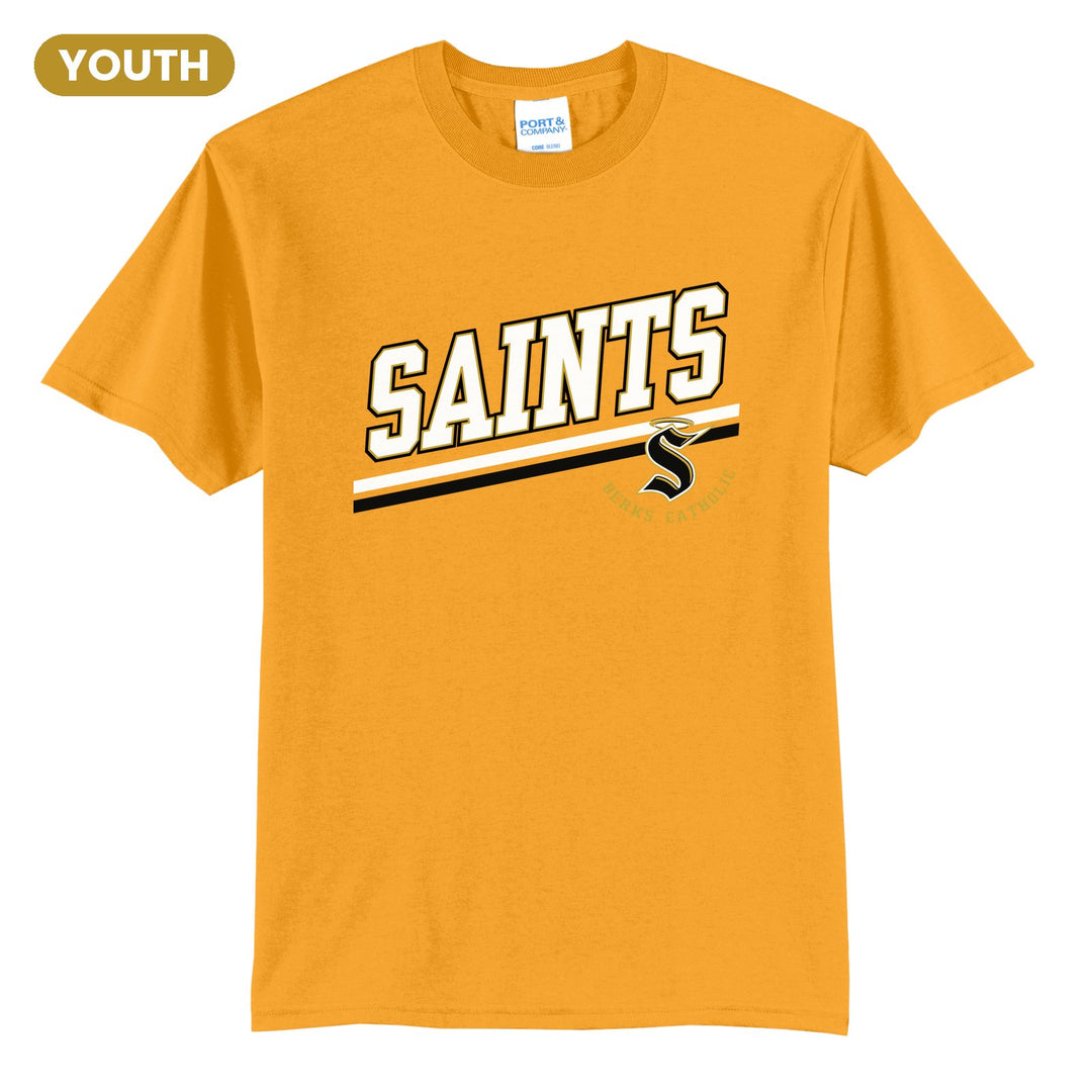 Berks Catholic Saints Slanted Stripe youth t-shirt in Gold: bold SAINTS lettering over a slanted double stripe, with the halo S and Berks Catholic