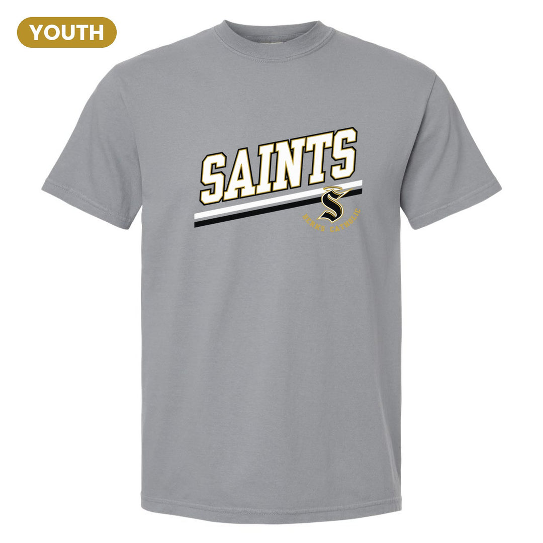 Berks Catholic Saints Slanted Stripe youth comfort colors t-shirt in Granite: bold SAINTS lettering over a slanted double stripe, with the halo S and Berks Catholic