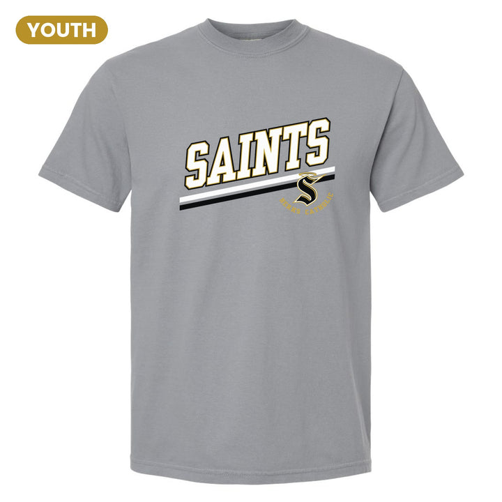 Berks Catholic Saints Slanted Stripe youth comfort colors t-shirt in Granite: bold SAINTS lettering over a slanted double stripe, with the halo S and Berks Catholic