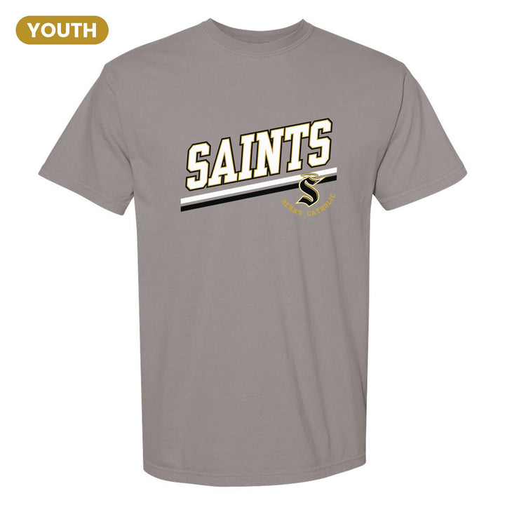 Berks Catholic Saints Slanted Stripe youth comfort colors t-shirt in Grey: bold SAINTS lettering over a slanted double stripe, with the halo S and Berks Catholic