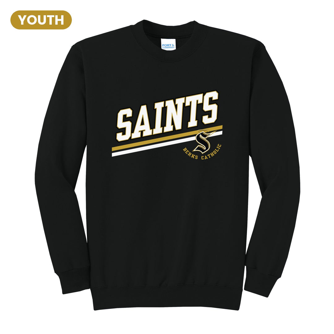 Berks Catholic Saints Slanted Stripe youth crewneck sweatshirt in Jet Black: bold SAINTS lettering over a slanted double stripe, with the halo S and Berks Catholic