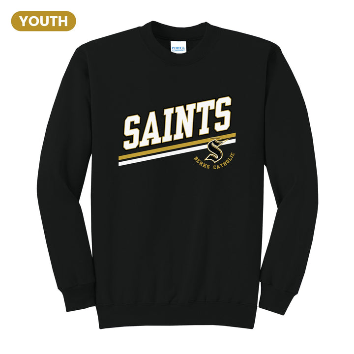Berks Catholic Saints Slanted Stripe youth crewneck sweatshirt in Jet Black: bold SAINTS lettering over a slanted double stripe, with the halo S and Berks Catholic