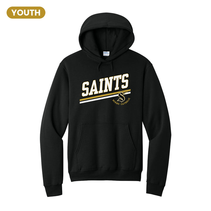 Berks Catholic Saints Slanted Stripe youth hoodie in Jet Black: bold SAINTS lettering over a slanted double stripe, with the halo S and Berks Catholic