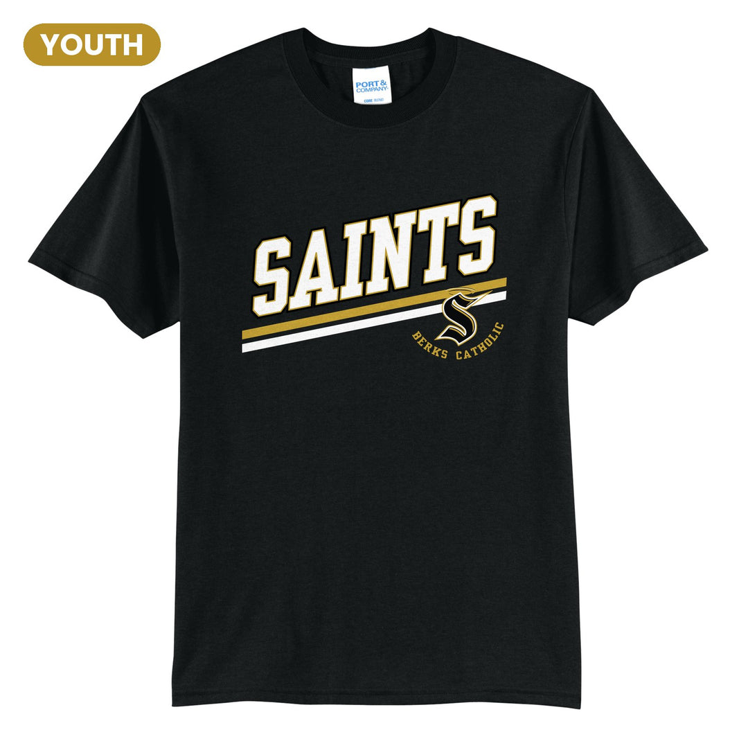Berks Catholic Saints Slanted Stripe youth t-shirt in Jet Black: bold SAINTS lettering over a slanted double stripe, with the halo S and Berks Catholic