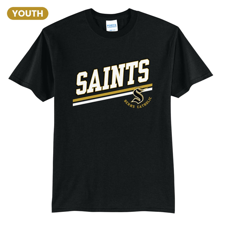 Berks Catholic Saints Slanted Stripe youth t-shirt in Jet Black: bold SAINTS lettering over a slanted double stripe, with the halo S and Berks Catholic