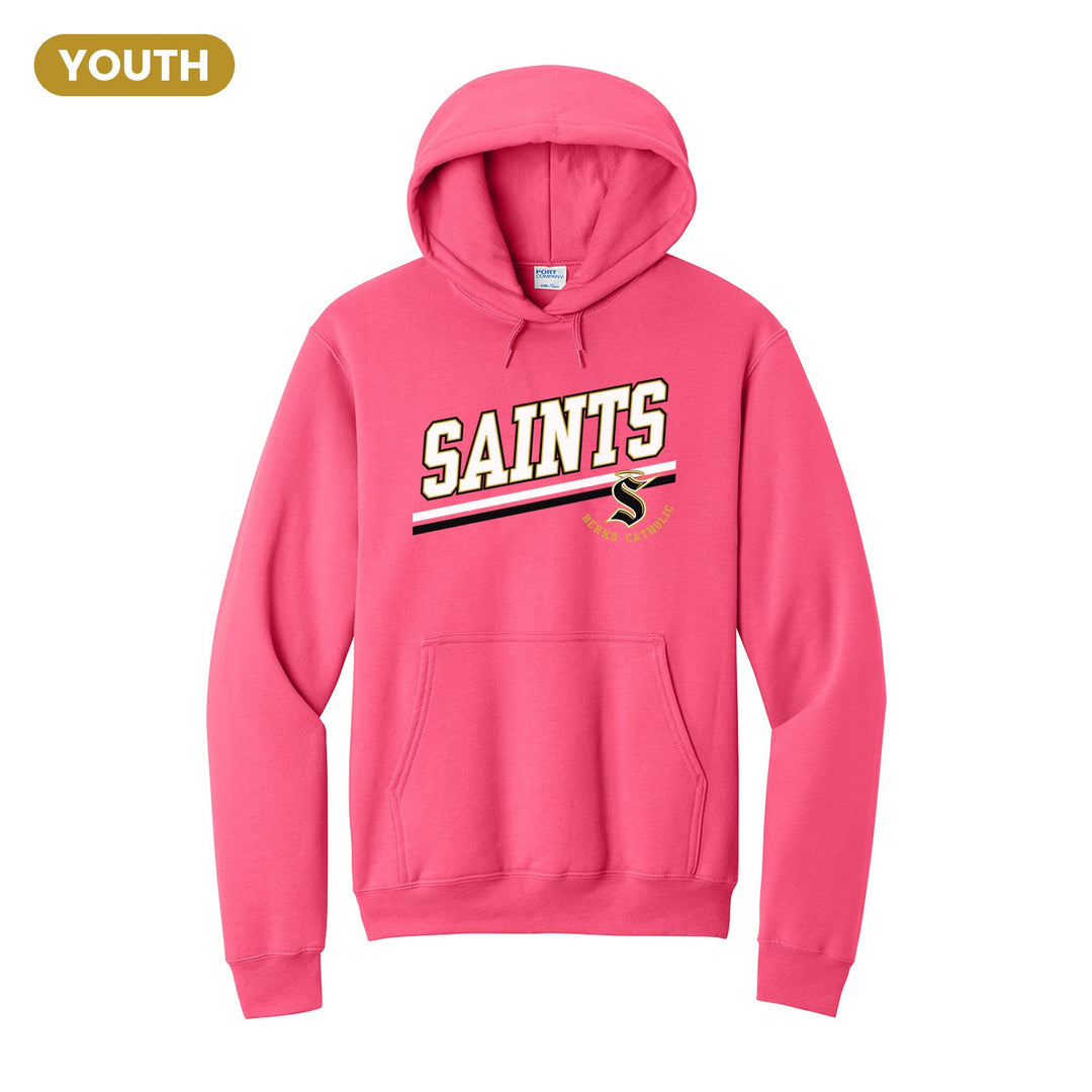 Berks Catholic Saints Slanted Stripe youth hoodie in Neon Pink: bold SAINTS lettering over a slanted double stripe, with the halo S and Berks Catholic