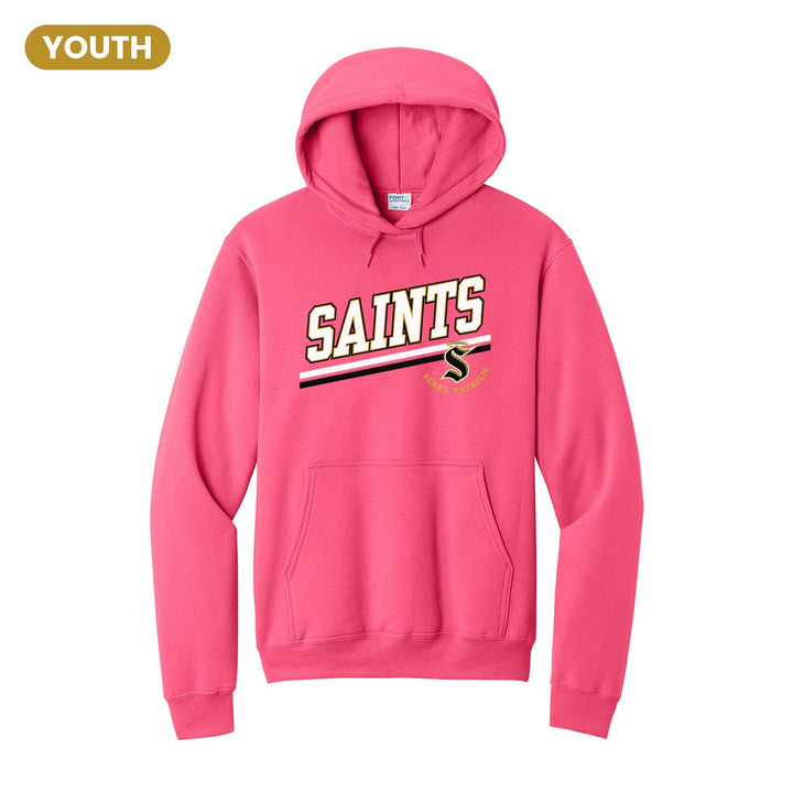 Berks Catholic Saints Slanted Stripe youth hoodie in Neon Pink: bold SAINTS lettering over a slanted double stripe, with the halo S and Berks Catholic