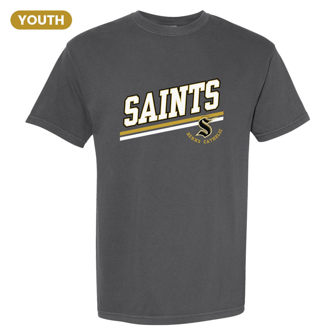 Berks Catholic Saints Slanted Stripe youth comfort colors t-shirt in Pepper: bold SAINTS lettering over a slanted double stripe, with the halo S and Berks Catholic