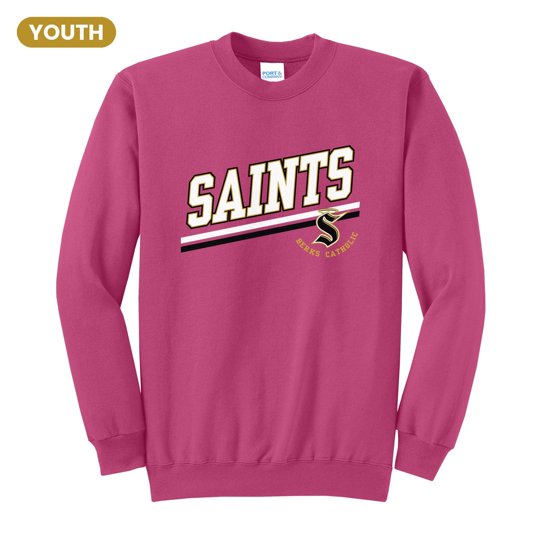 Berks Catholic Saints Slanted Stripe youth crewneck sweatshirt in Sangria: bold SAINTS lettering over a slanted double stripe, with the halo S and Berks Catholic