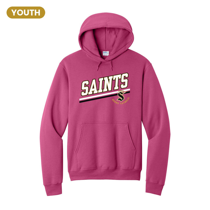 Berks Catholic Saints Slanted Stripe youth hoodie in Sangria: bold SAINTS lettering over a slanted double stripe, with the halo S and Berks Catholic