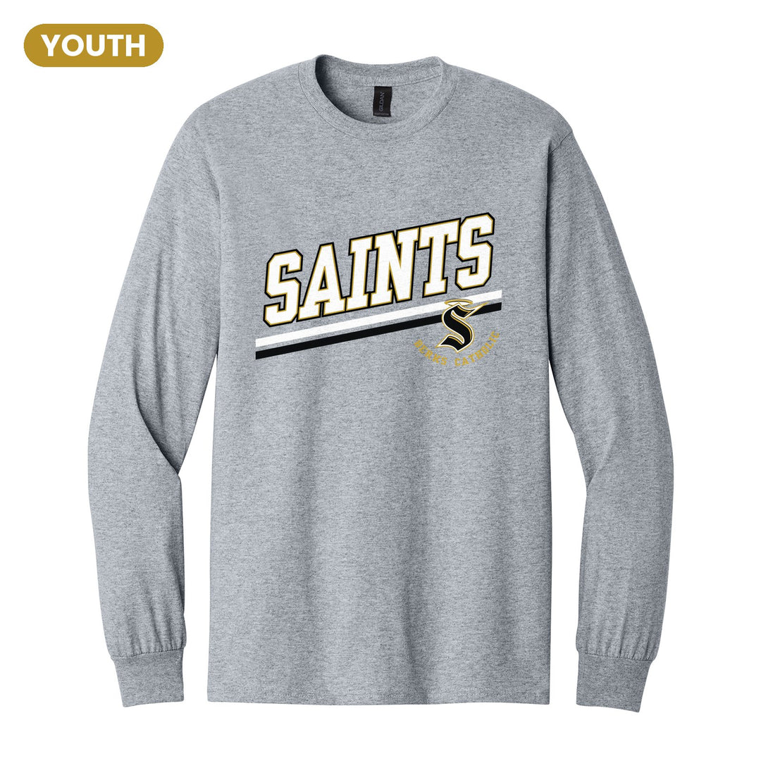 Berks Catholic Saints Slanted Stripe youth long sleeve t-shirt in Sport Grey: bold SAINTS lettering over a slanted double stripe, with the halo S and Berks Catholic