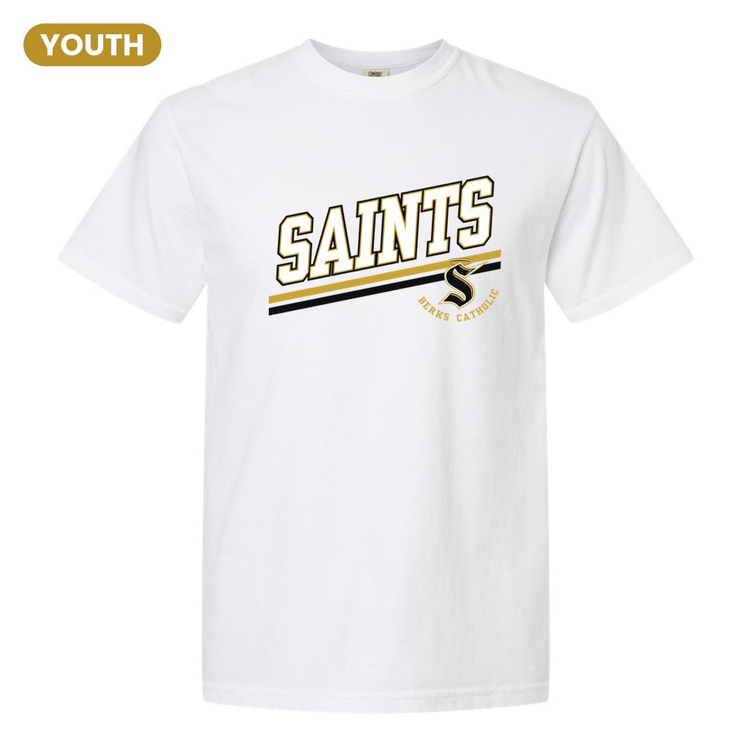 Berks Catholic Saints Slanted Stripe youth comfort colors t-shirt in White: bold SAINTS lettering over a slanted double stripe, with the halo S and Berks Catholic