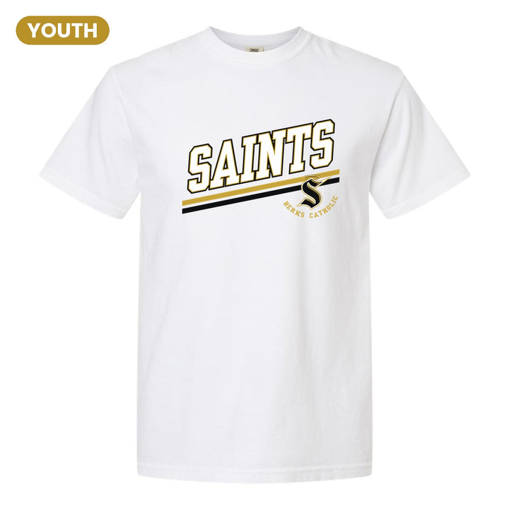 Berks Catholic Saints Slanted Stripe youth comfort colors t-shirt in White: bold SAINTS lettering over a slanted double stripe, with the halo S and Berks Catholic