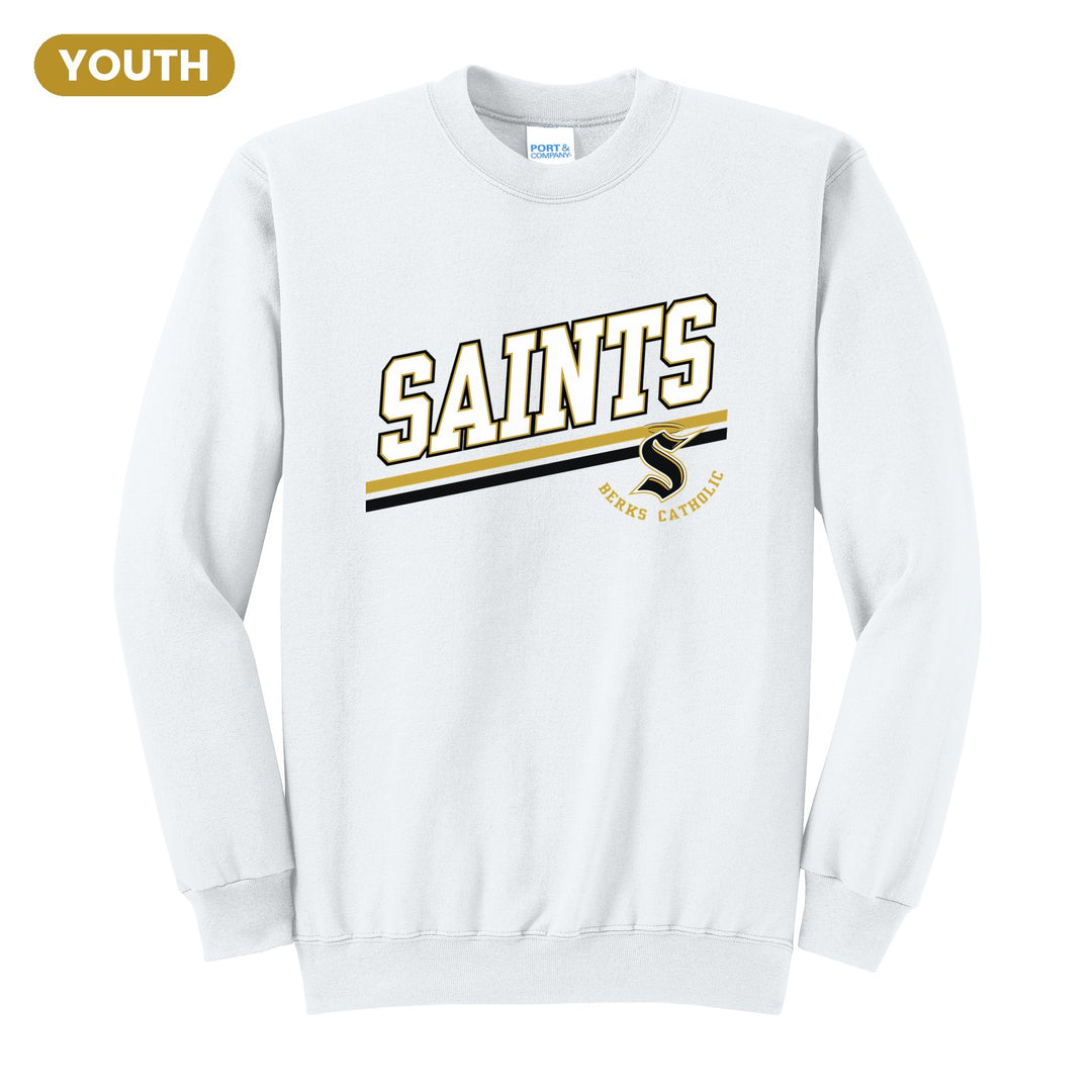 Berks Catholic Saints Slanted Stripe youth crewneck sweatshirt in White: bold SAINTS lettering over a slanted double stripe, with the halo S and Berks Catholic