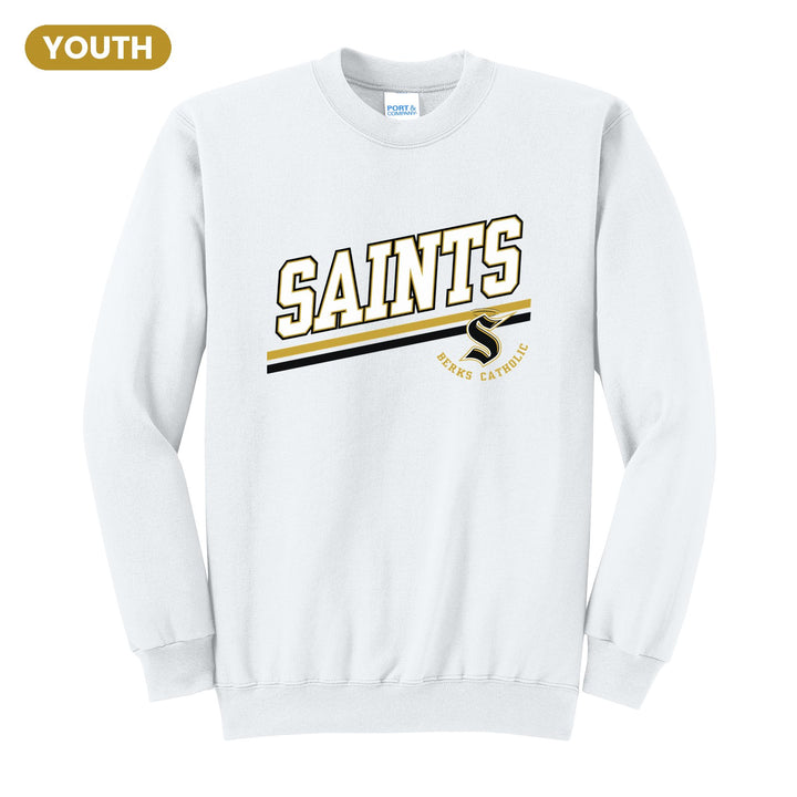 Berks Catholic Saints Slanted Stripe youth crewneck sweatshirt in White: bold SAINTS lettering over a slanted double stripe, with the halo S and Berks Catholic