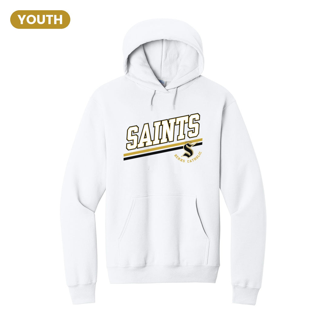 Berks Catholic Saints Slanted Stripe youth hoodie in White: bold SAINTS lettering over a slanted double stripe, with the halo S and Berks Catholic