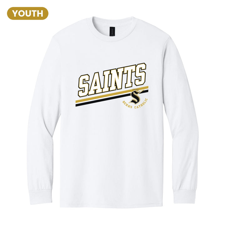 Berks Catholic Saints Slanted Stripe youth long sleeve t-shirt in White: bold SAINTS lettering over a slanted double stripe, with the halo S and Berks Catholic