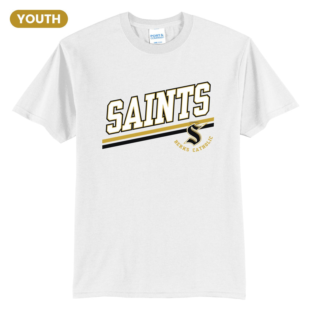 Berks Catholic Saints Slanted Stripe youth t-shirt in White: bold SAINTS lettering over a slanted double stripe, with the halo S and Berks Catholic