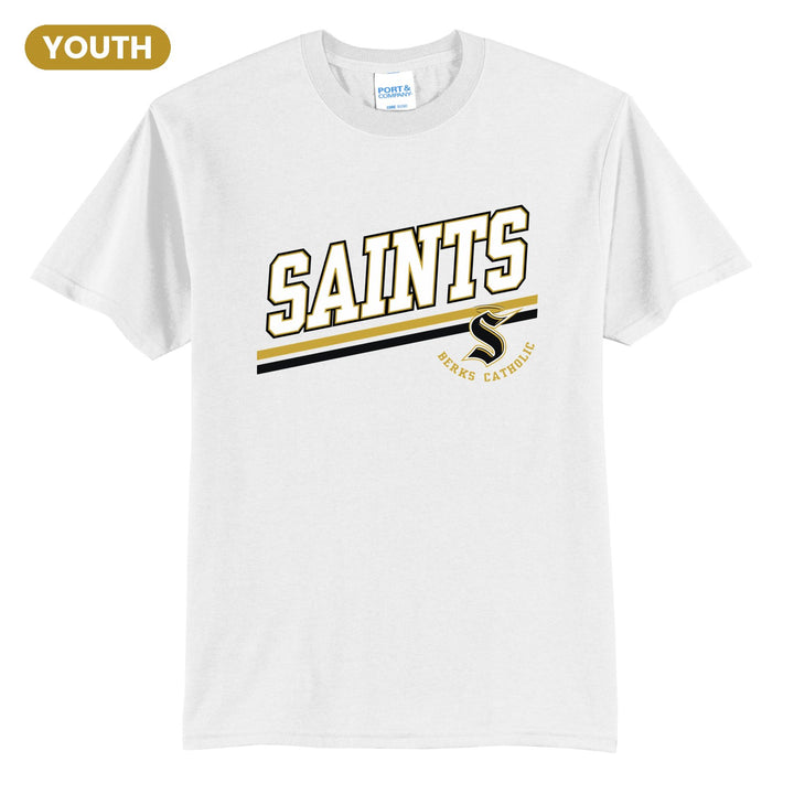 Berks Catholic Saints Slanted Stripe youth t-shirt in White: bold SAINTS lettering over a slanted double stripe, with the halo S and Berks Catholic
