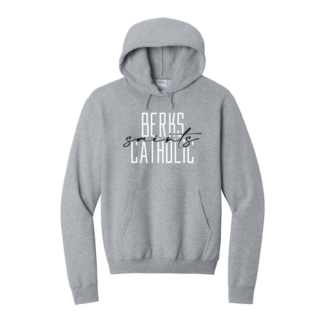 Berks Catholic Saints Tall Type Script hoodie in Athletic Heather: tall BERKS CATHOLIC lettering with saints in flowing script across the middle