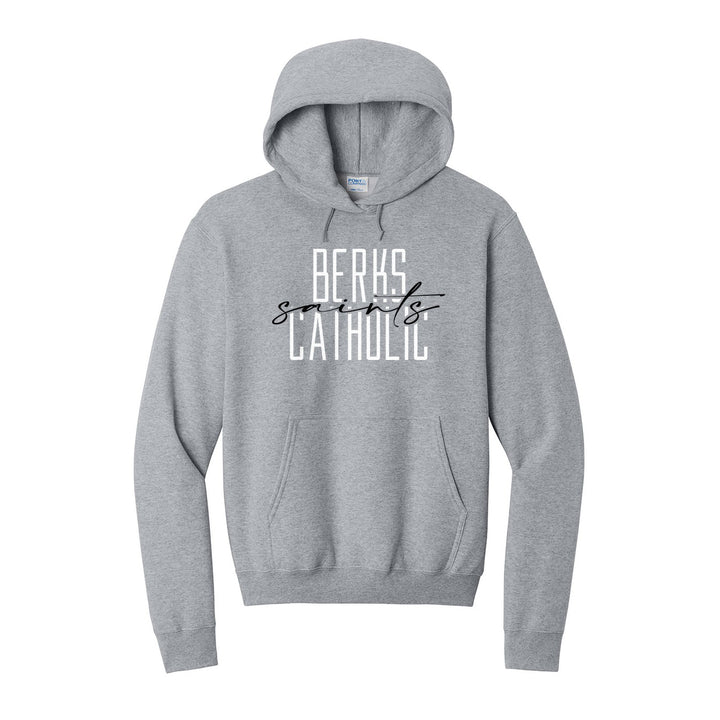 Berks Catholic Saints Tall Type Script hoodie in Athletic Heather: tall BERKS CATHOLIC lettering with saints in flowing script across the middle