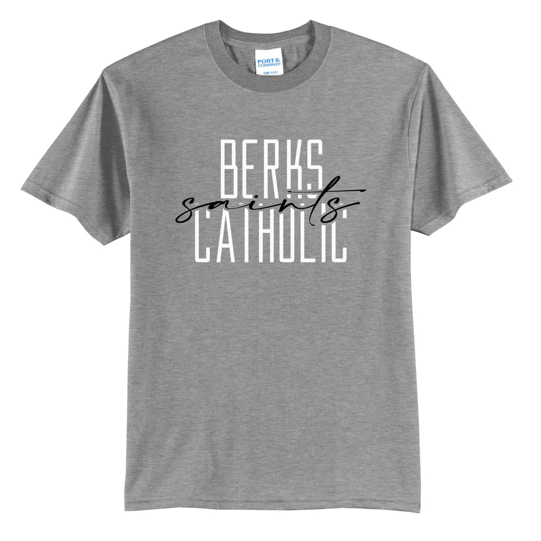 Berks Catholic Saints Tall Type Script t-shirt in Athletic Heather: tall BERKS CATHOLIC lettering with saints in flowing script across the middle